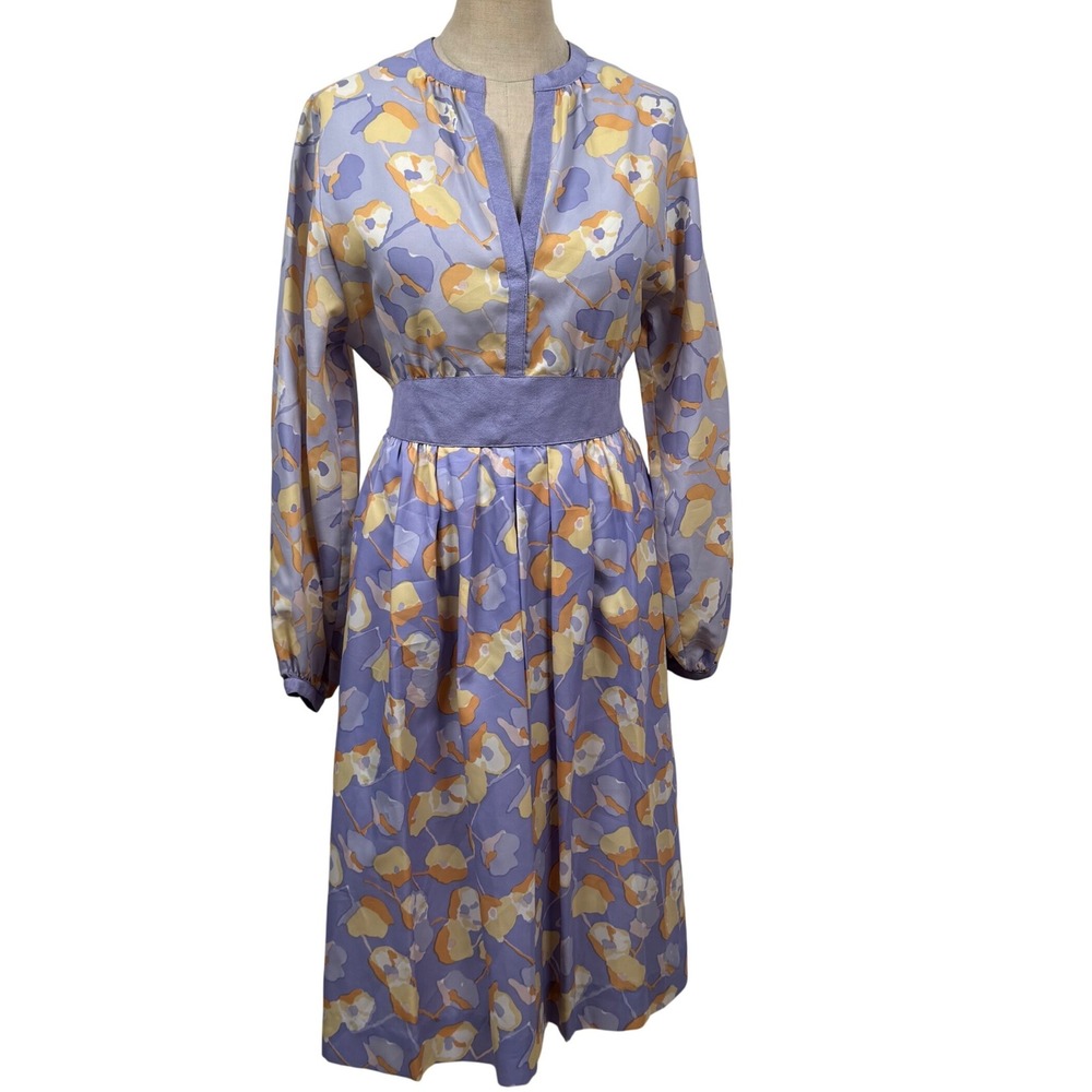 VTG 70s ILGWU S/M Lilac Floral Midi Dress Scarf Belt Boho MOD Retro Cottage Chic